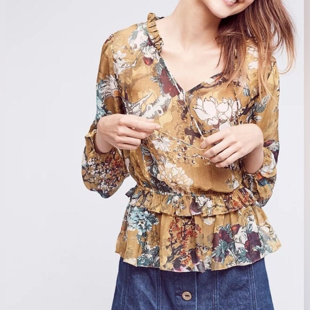 Hemant & Nandita Multicolored Keystone Silk Peplum/ Ruffle Blouse Size Medium